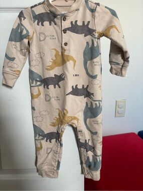 Carter's Beige One-Piece Romper with Gray and Mustard Dino Print